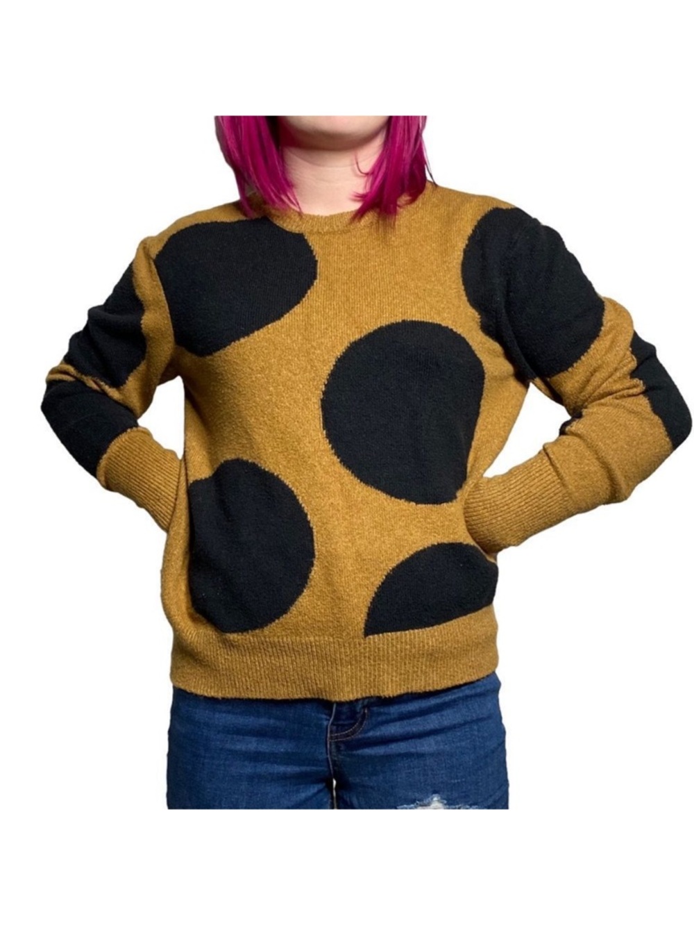 Who What Wear Mustard Crewneck Sweater with Black Polka Dots